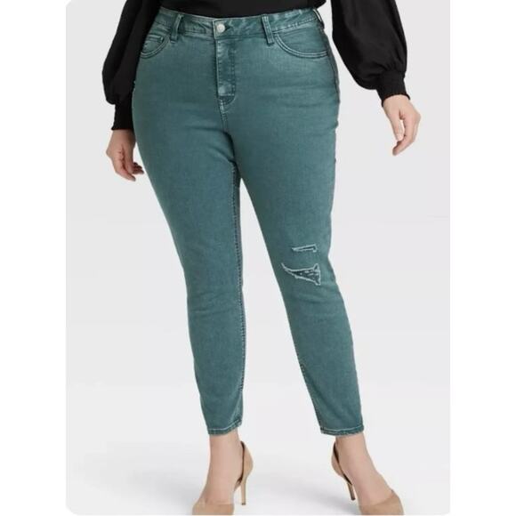 Ava & Viv Jeans Plus 20W Distressed High Rise Stretch Denim Skinny Teal Green - Picture 1 of 8